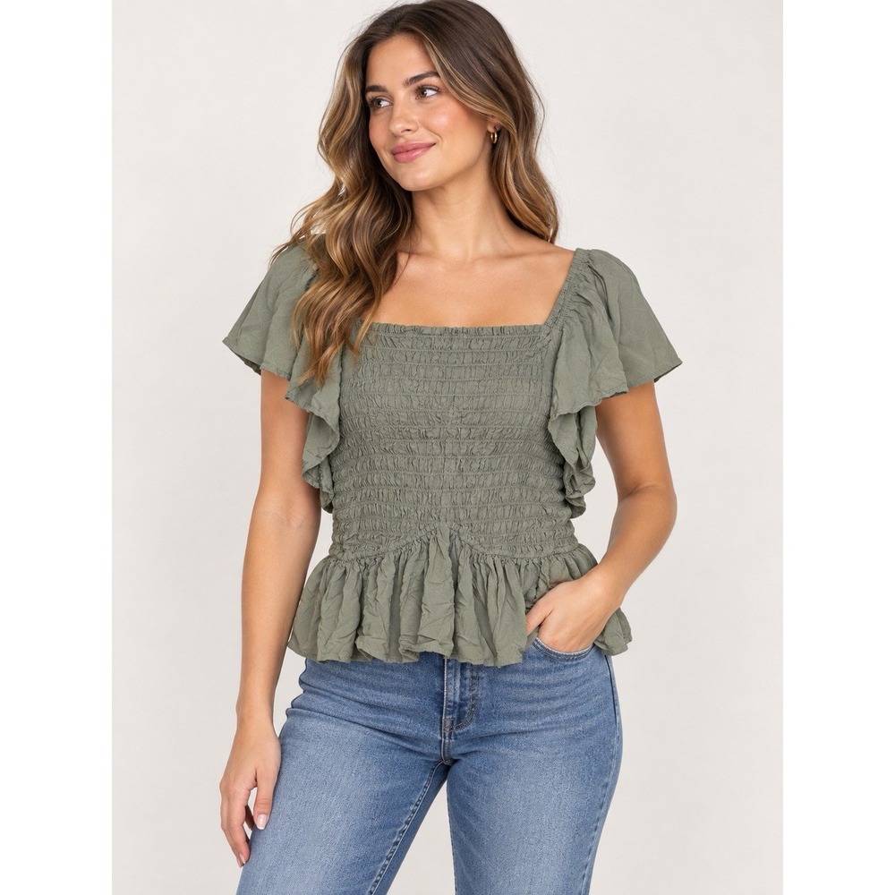 Japna Women's Large Smocked Peplum Top Flutter Sleeve Granola Prairie Fairy